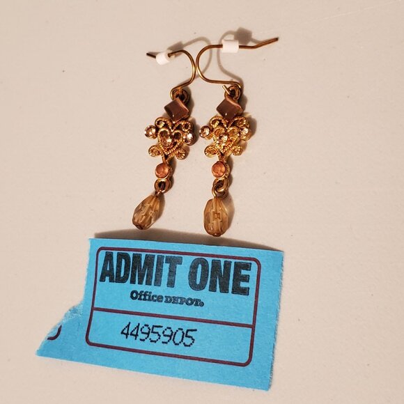 Vintage Ornate Gold & Brown Eye of Tiger Pink Beaded Dangle Earrings - Picture 6 of 6